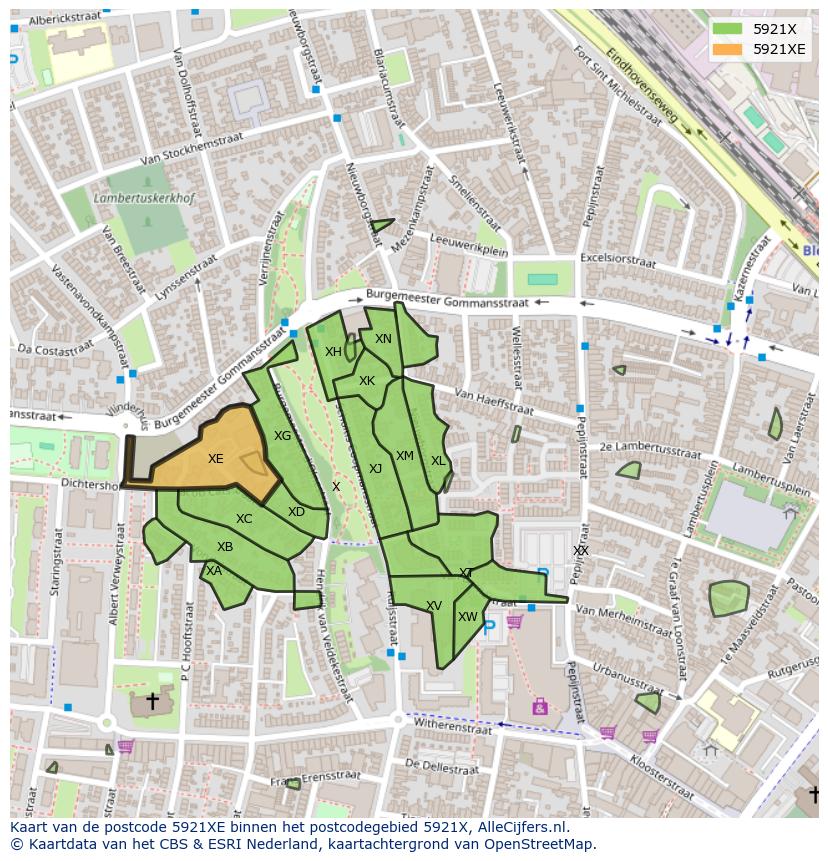 Afbeelding van het postcodegebied 5921 XE op de kaart.