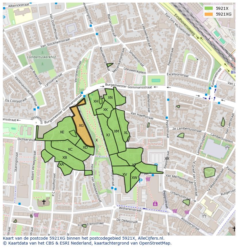 Afbeelding van het postcodegebied 5921 XG op de kaart.
