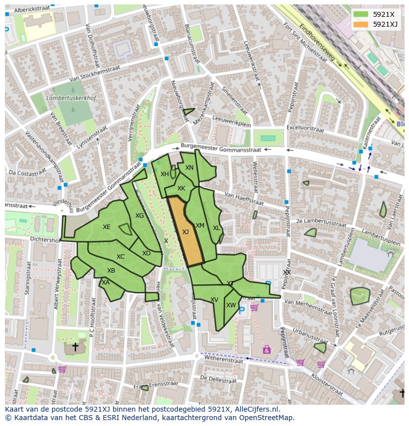 Afbeelding van het postcodegebied 5921 XJ op de kaart.