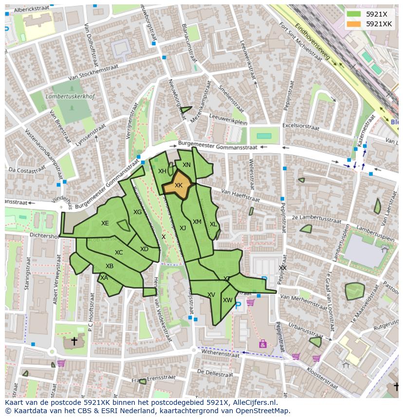 Afbeelding van het postcodegebied 5921 XK op de kaart.