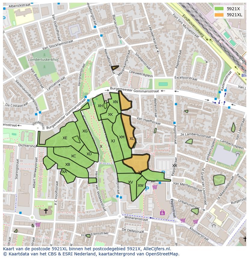 Afbeelding van het postcodegebied 5921 XL op de kaart.