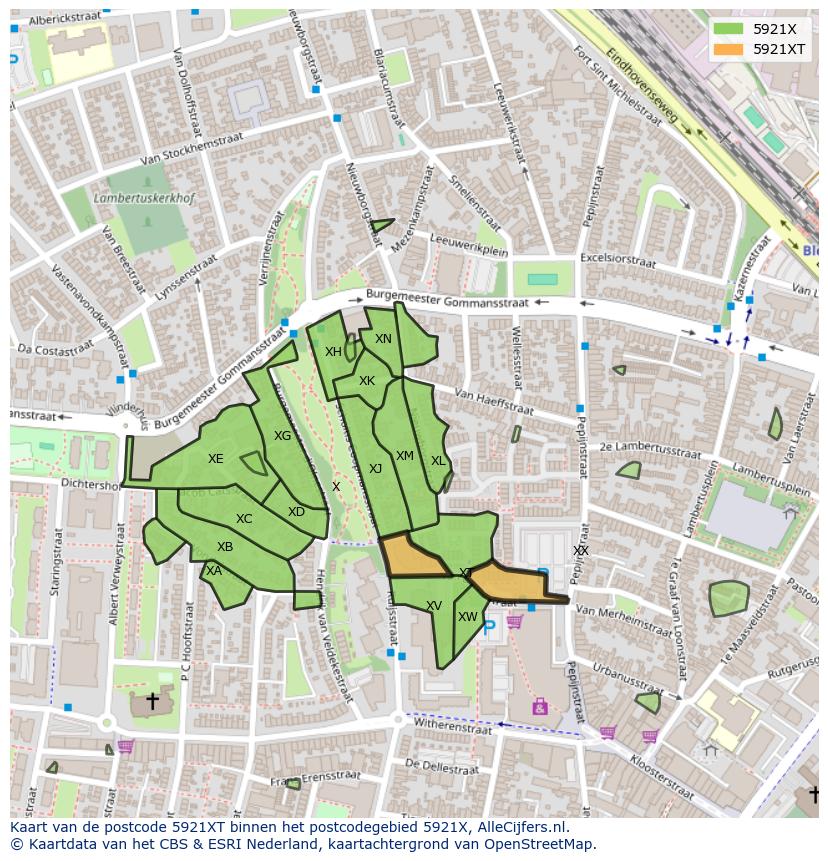 Afbeelding van het postcodegebied 5921 XT op de kaart.