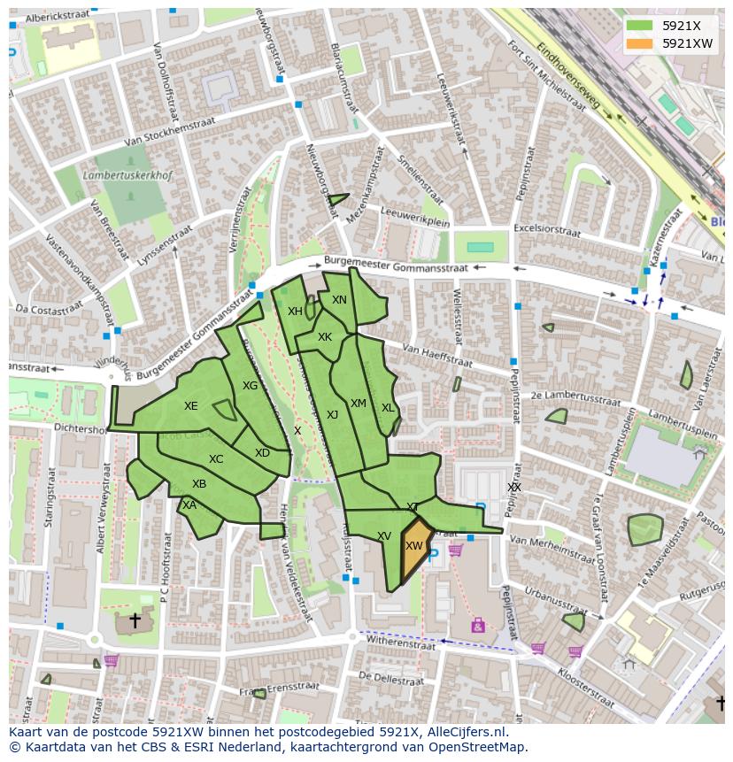 Afbeelding van het postcodegebied 5921 XW op de kaart.
