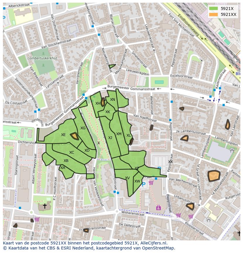 Afbeelding van het postcodegebied 5921 XX op de kaart.