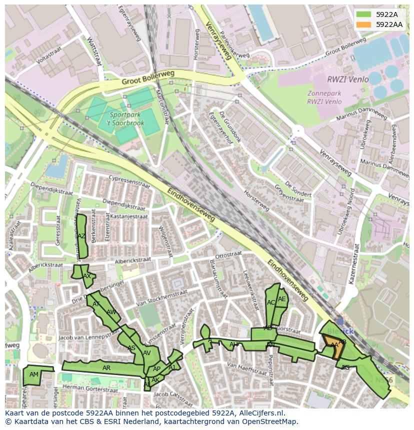 Afbeelding van het postcodegebied 5922 AA op de kaart.
