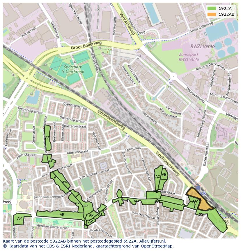 Afbeelding van het postcodegebied 5922 AB op de kaart.