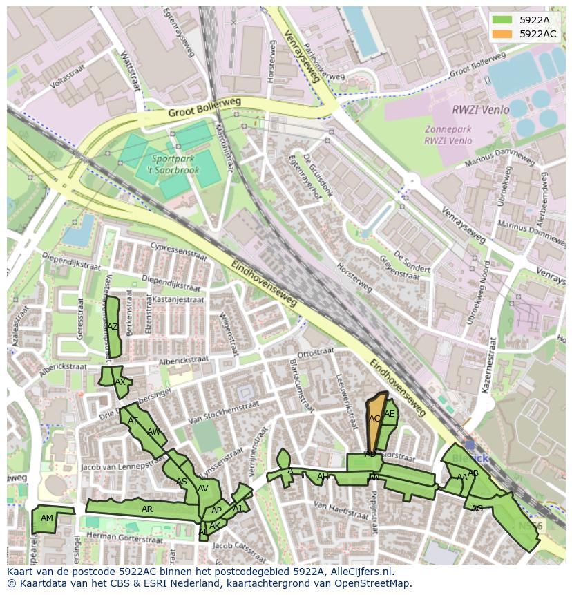 Afbeelding van het postcodegebied 5922 AC op de kaart.