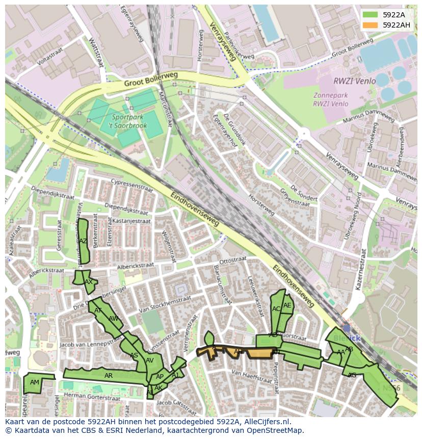 Afbeelding van het postcodegebied 5922 AH op de kaart.