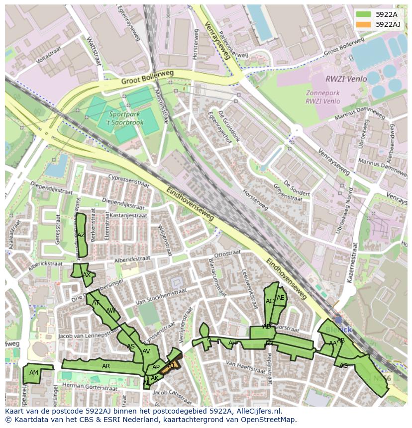 Afbeelding van het postcodegebied 5922 AJ op de kaart.