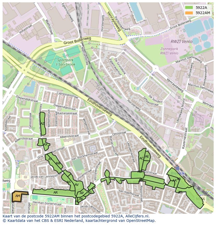 Afbeelding van het postcodegebied 5922 AM op de kaart.