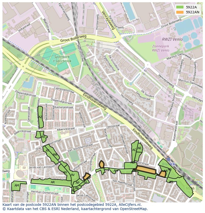 Afbeelding van het postcodegebied 5922 AN op de kaart.