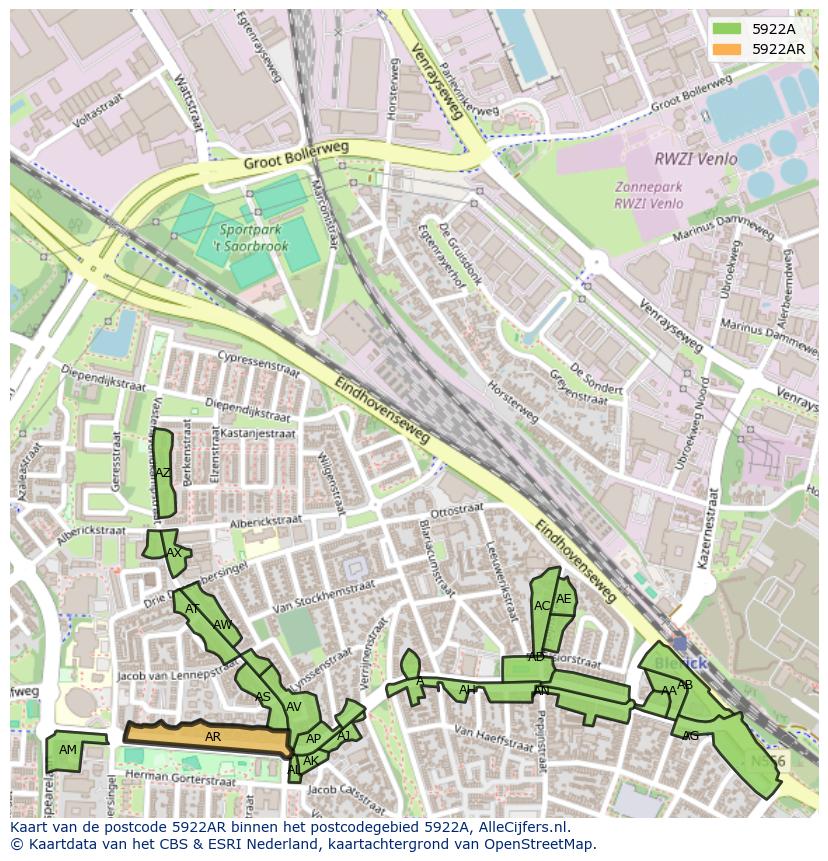 Afbeelding van het postcodegebied 5922 AR op de kaart.