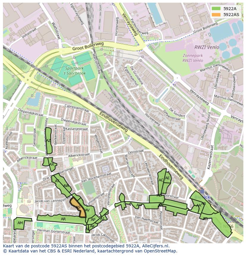 Afbeelding van het postcodegebied 5922 AS op de kaart.