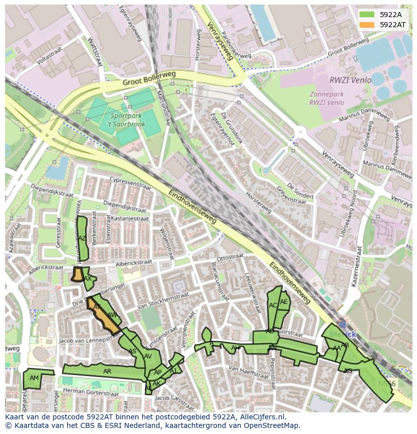 Afbeelding van het postcodegebied 5922 AT op de kaart.