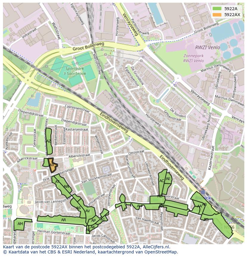 Afbeelding van het postcodegebied 5922 AX op de kaart.