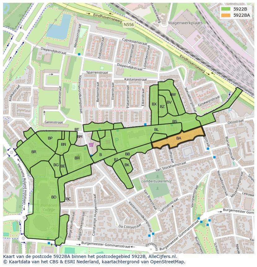 Afbeelding van het postcodegebied 5922 BA op de kaart.