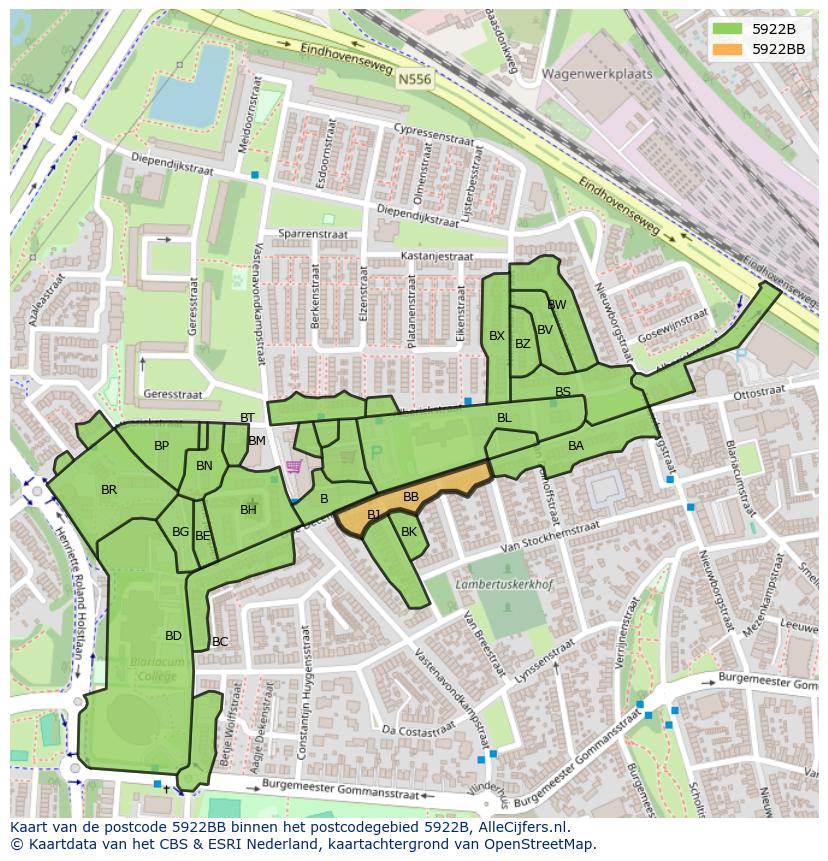 Afbeelding van het postcodegebied 5922 BB op de kaart.