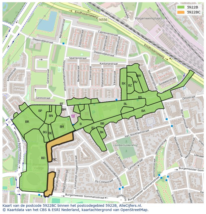 Afbeelding van het postcodegebied 5922 BC op de kaart.