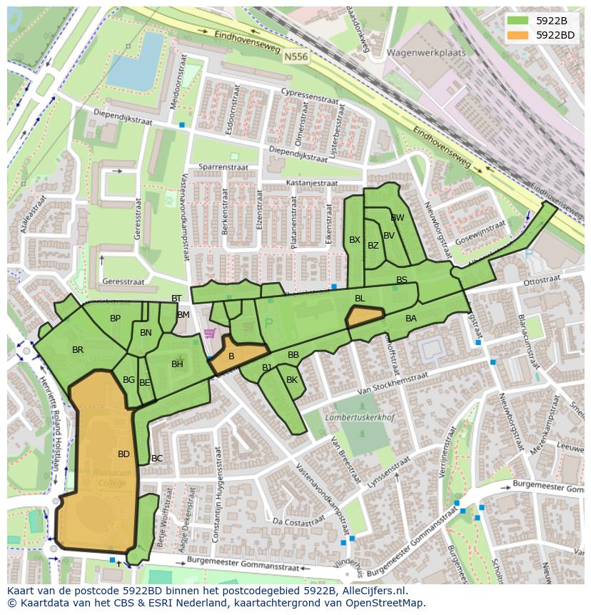 Afbeelding van het postcodegebied 5922 BD op de kaart.