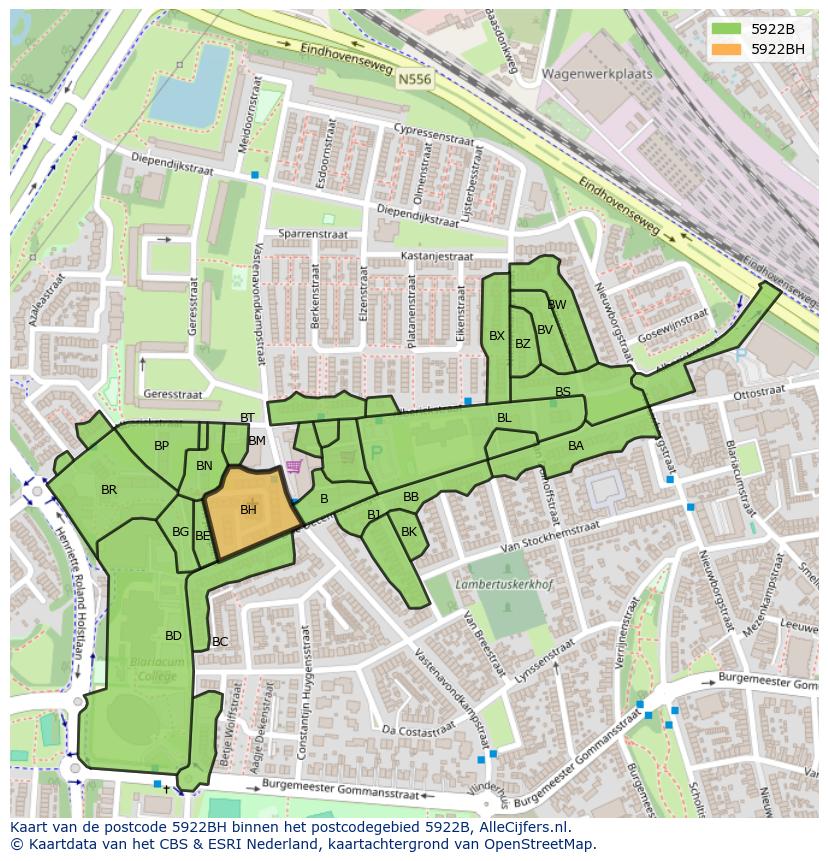 Afbeelding van het postcodegebied 5922 BH op de kaart.