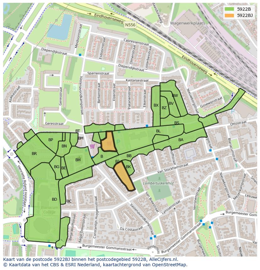 Afbeelding van het postcodegebied 5922 BJ op de kaart.