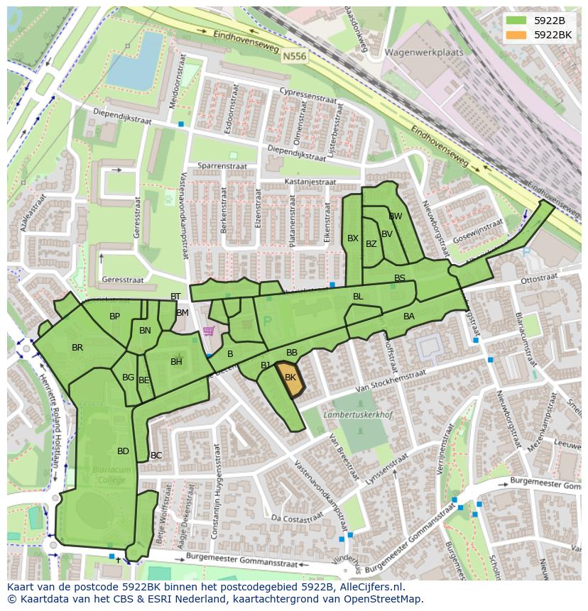 Afbeelding van het postcodegebied 5922 BK op de kaart.