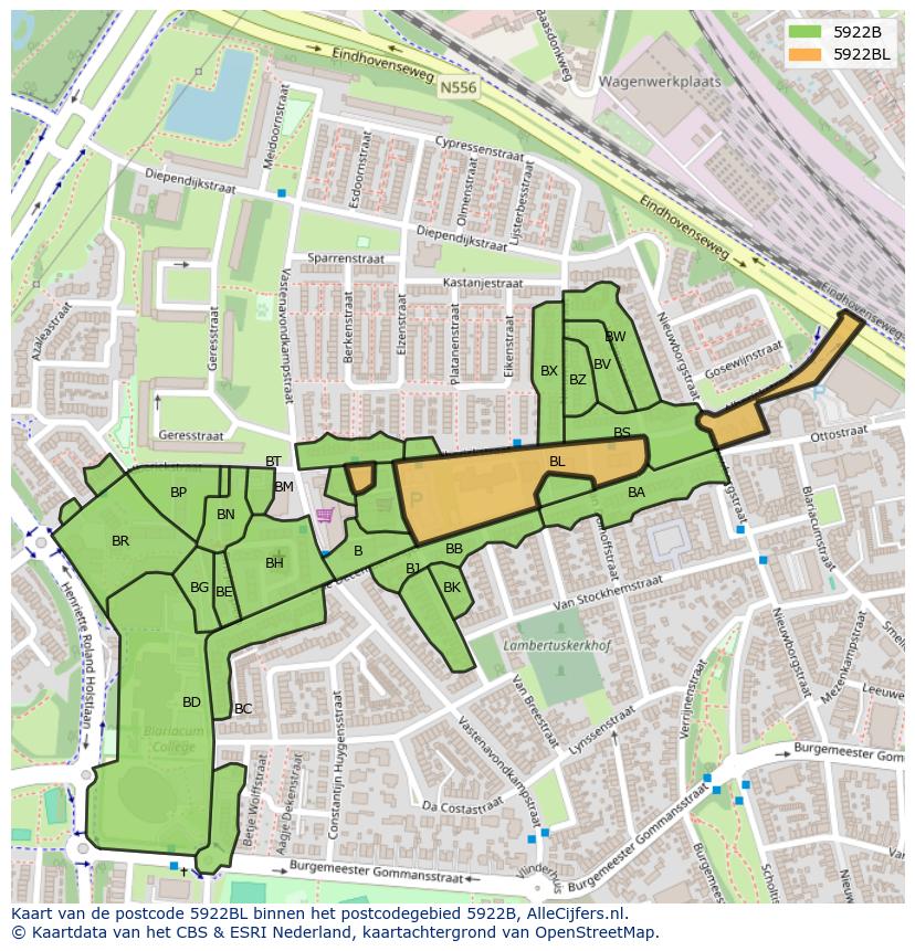 Afbeelding van het postcodegebied 5922 BL op de kaart.
