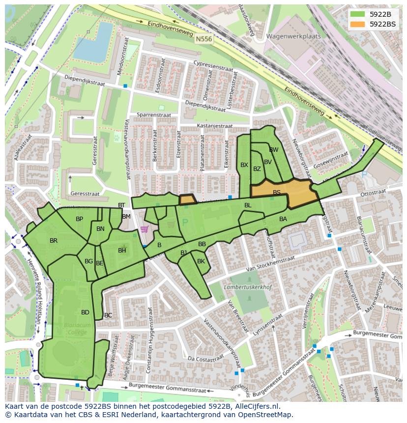 Afbeelding van het postcodegebied 5922 BS op de kaart.