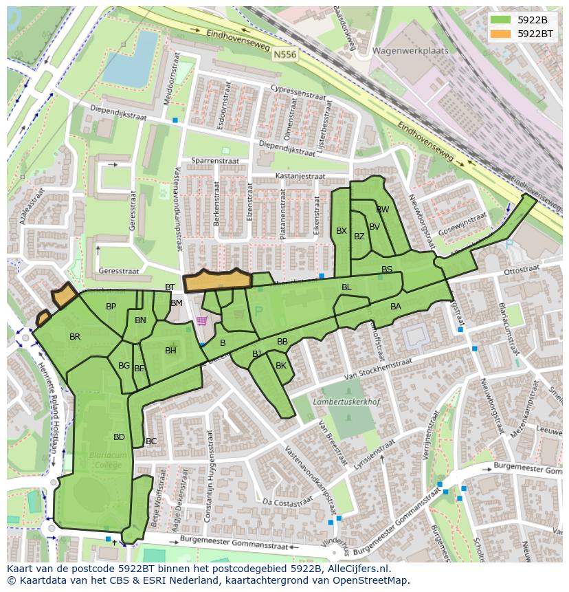Afbeelding van het postcodegebied 5922 BT op de kaart.