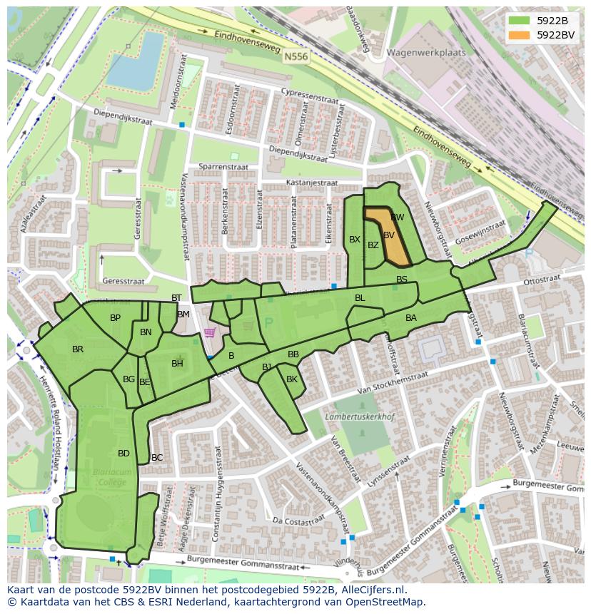 Afbeelding van het postcodegebied 5922 BV op de kaart.