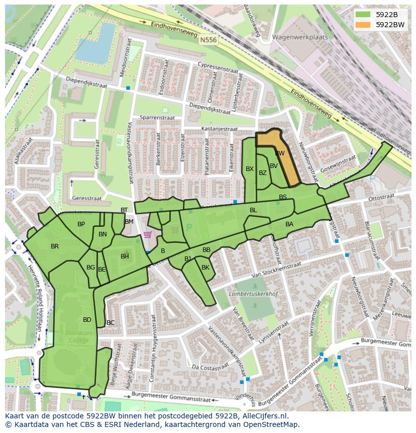 Afbeelding van het postcodegebied 5922 BW op de kaart.