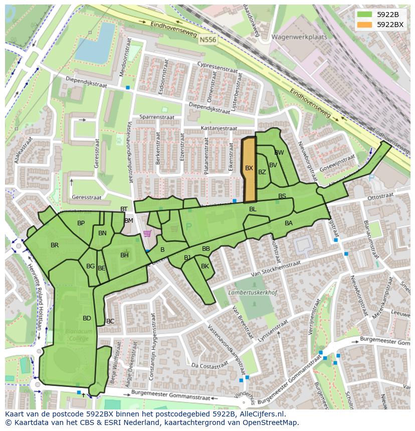 Afbeelding van het postcodegebied 5922 BX op de kaart.