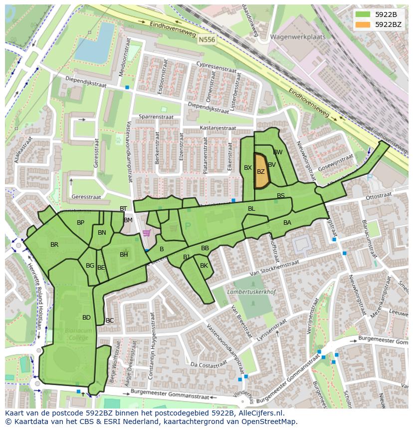 Afbeelding van het postcodegebied 5922 BZ op de kaart.