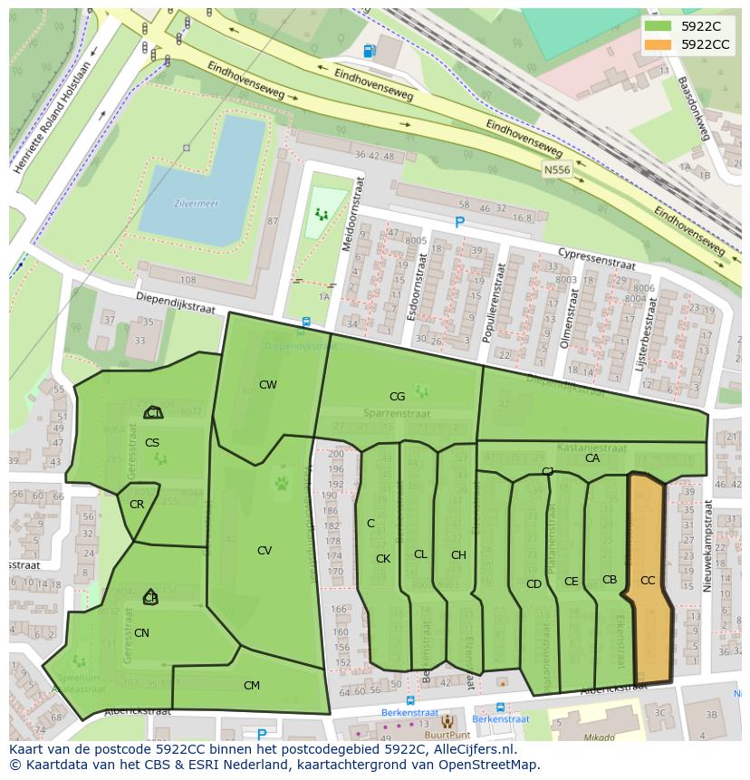 Afbeelding van het postcodegebied 5922 CC op de kaart.