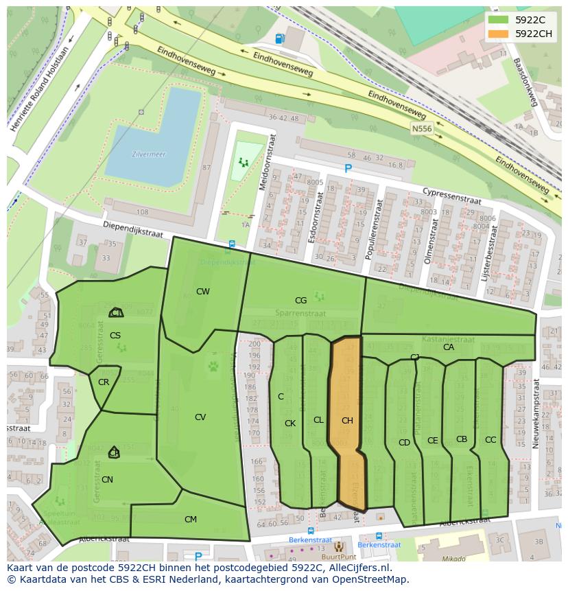 Afbeelding van het postcodegebied 5922 CH op de kaart.