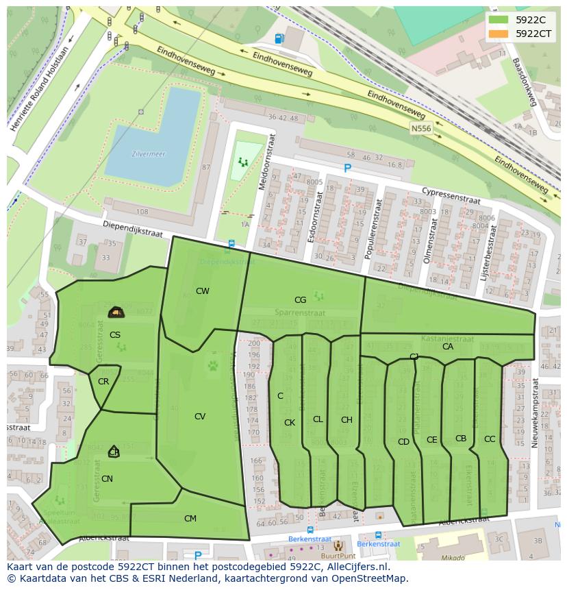 Afbeelding van het postcodegebied 5922 CT op de kaart.