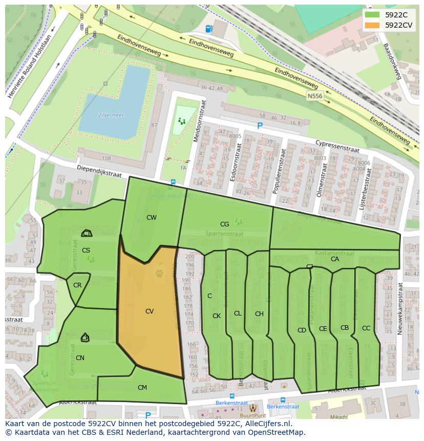 Afbeelding van het postcodegebied 5922 CV op de kaart.