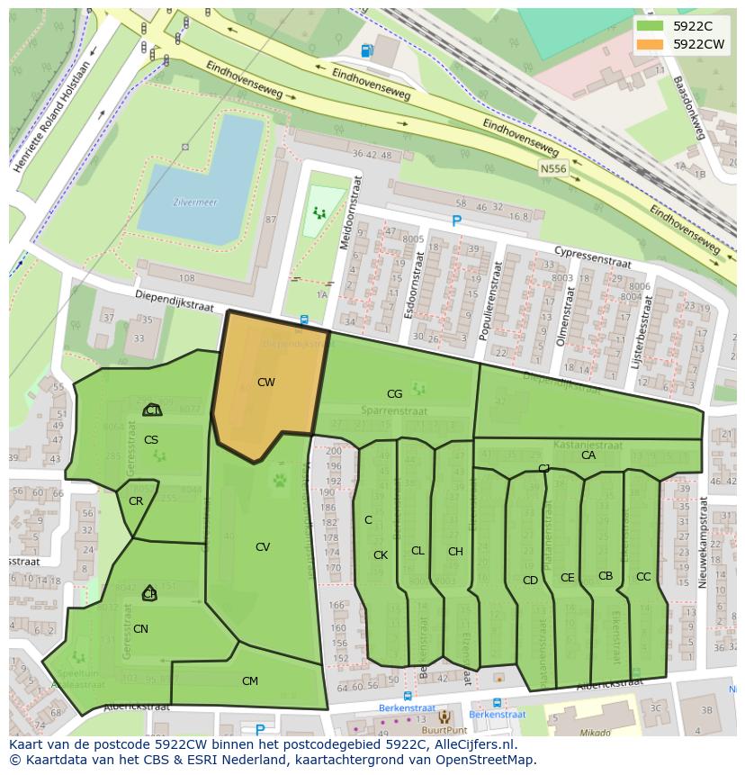 Afbeelding van het postcodegebied 5922 CW op de kaart.
