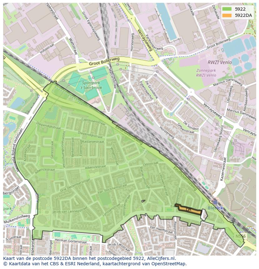 Afbeelding van het postcodegebied 5922 DA op de kaart.