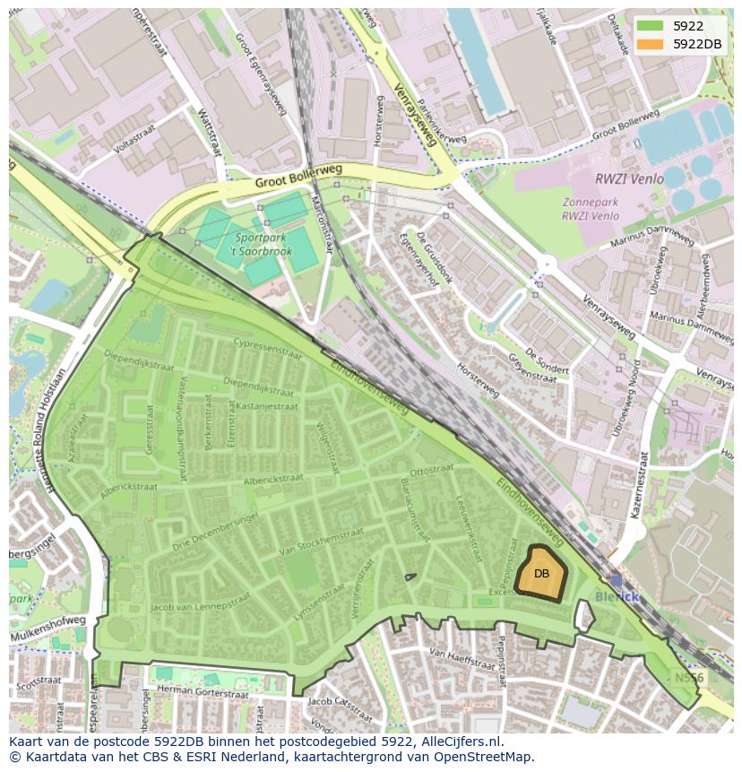 Afbeelding van het postcodegebied 5922 DB op de kaart.