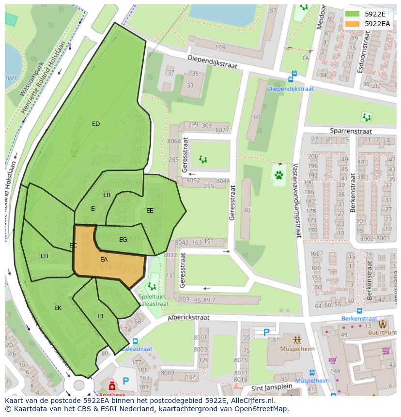 Afbeelding van het postcodegebied 5922 EA op de kaart.