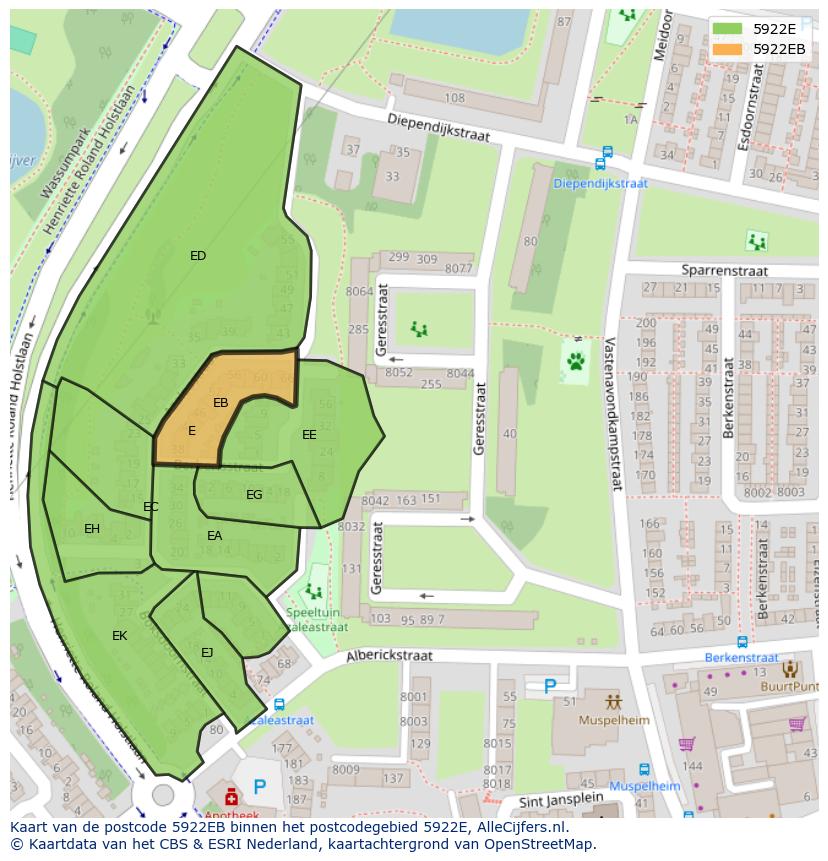 Afbeelding van het postcodegebied 5922 EB op de kaart.