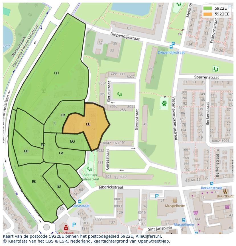Afbeelding van het postcodegebied 5922 EE op de kaart.