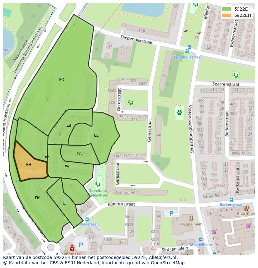 Afbeelding van het postcodegebied 5922 EH op de kaart.