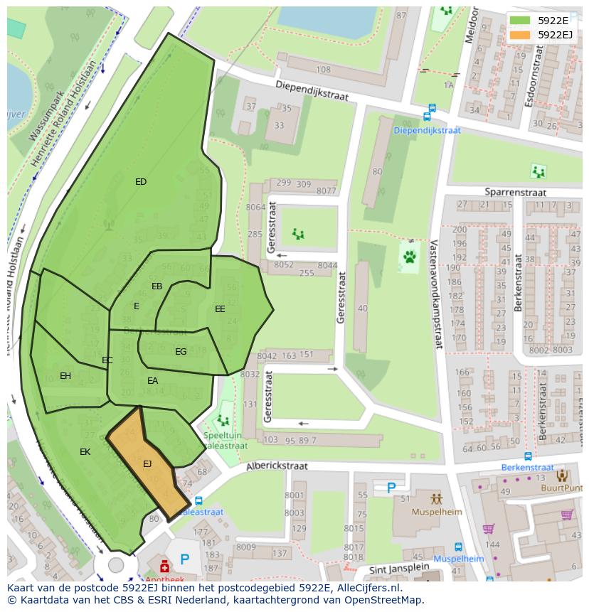 Afbeelding van het postcodegebied 5922 EJ op de kaart.