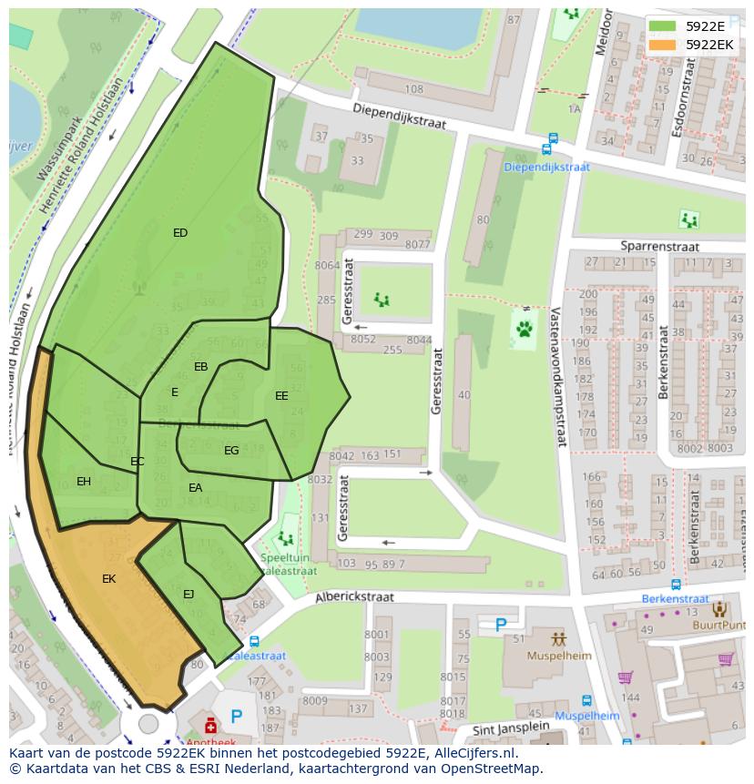 Afbeelding van het postcodegebied 5922 EK op de kaart.