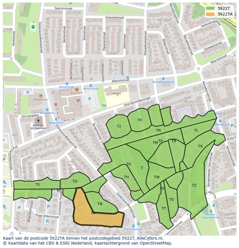 Afbeelding van het postcodegebied 5922 TA op de kaart.