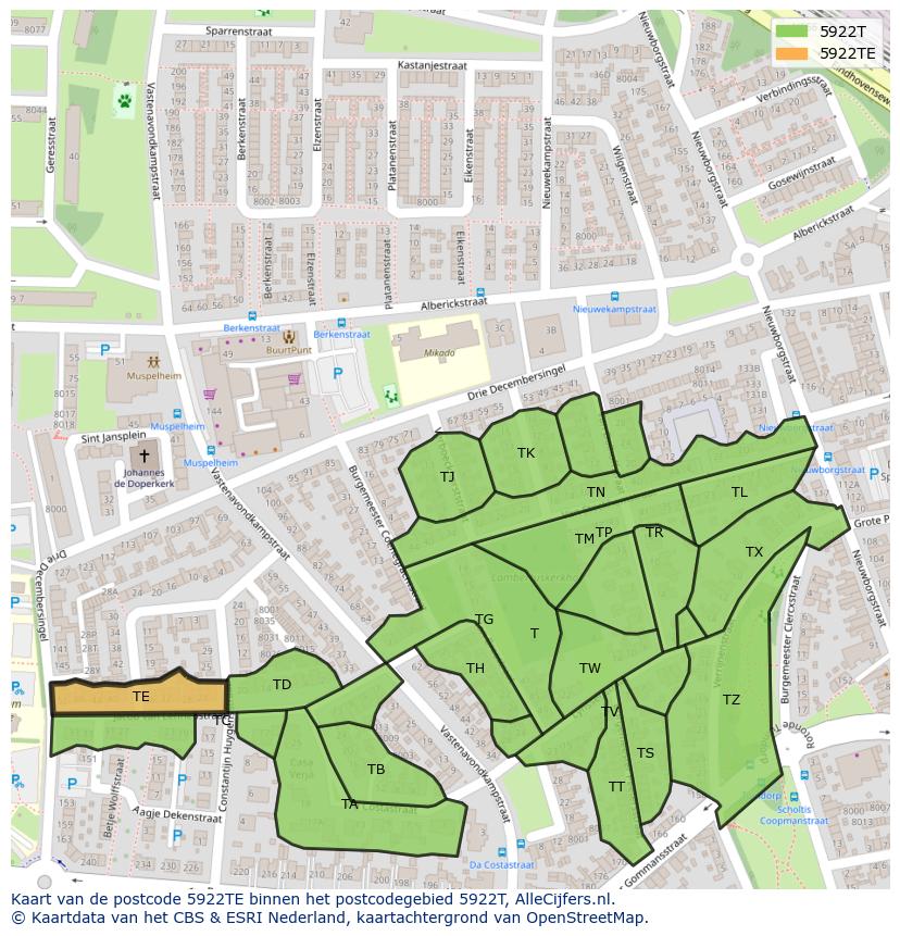 Afbeelding van het postcodegebied 5922 TE op de kaart.