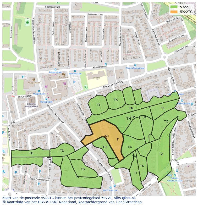 Afbeelding van het postcodegebied 5922 TG op de kaart.