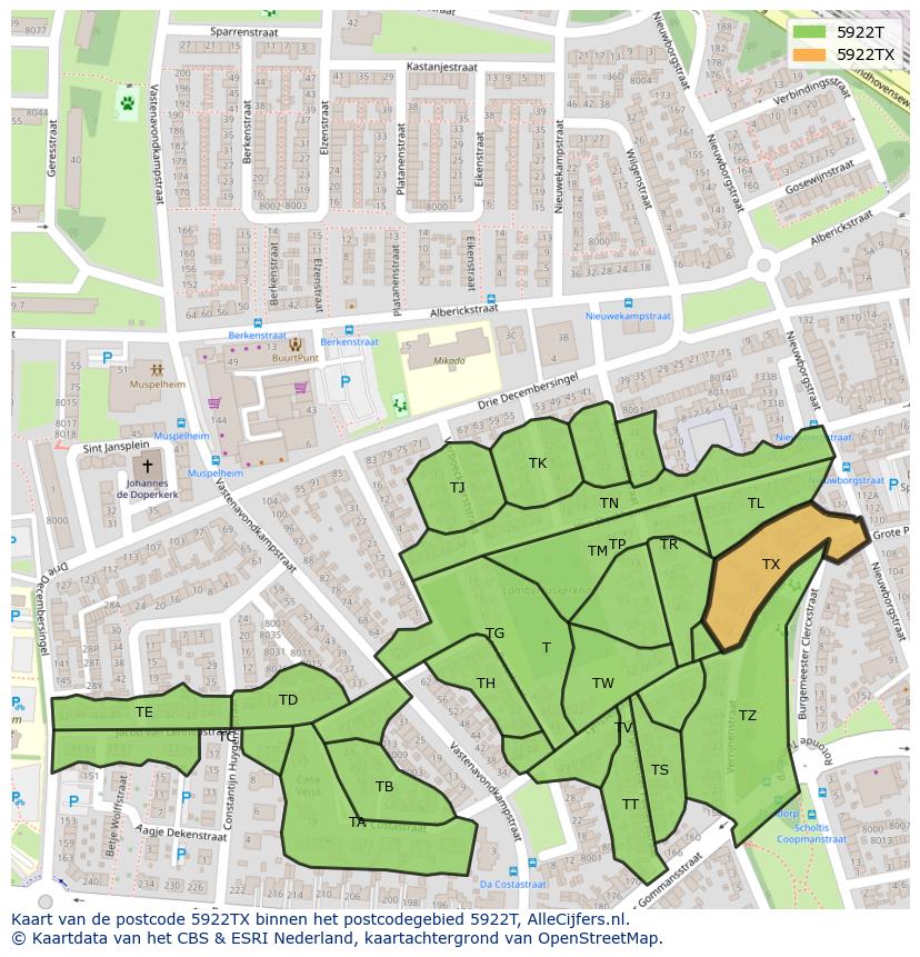Afbeelding van het postcodegebied 5922 TX op de kaart.